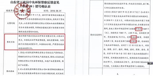 2018年11月1日，中央第三生態環境保護督察組進駐山東省開展&ldquo;回頭看&rdquo;。通過對相關部門走訪問詢，并抽查有關企業，發現山東省物流運輸企業違規使用普通柴油或其他高硫分燃油問題依然十分突出，柴油貨車尾氣污染嚴重。  一、基本情況  《大氣污染防治法》明確，禁止向汽車和摩托車銷售普通柴油以及其他非機動車用燃料。第一輪中央環保督察反饋指出，山東省以普通柴油替代車用柴油的情況較多，濱州等地市大量物流運輸企業違規使用普通柴油，尾氣污染問題突出。  為此，山東省整改方案要求，杜絕違規使用普通柴油的情況，并明確由原省工商局負責部署推進相應整改工作。原省工商局于2018年8月1日上報山東省環境保護督察反饋意見整改工作領導小組，聲稱該問題完成整改并銷號。  二、主要問題  督察發現，原山東省工商局作為整改責任主體沒有認真履行整改職責，未就整改工作進行部署推進，整改任務目標完全落空，全省物流運輸企業違規使用普通柴油或高硫分燃油問題依然普遍存在。  （一）違規售油無人管。督察組抽查3個地市的4家煉化公司，發現這些煉化公司違規大量向物流運輸企業銷售普通柴油或其他高硫分燃油，導致這些柴油大量替代車用柴油使用，污染嚴重。2018年，東營齊潤化工有限公司將3萬余噸硫含量近2000mg/kg的常壓柴油售給物流運輸企業和加油站，墾利石化有限公司也將3萬余噸硫含量2000-3000mg/kg的燃油售給相關物流運輸企業和加油站，硫含量最高超標約300倍。2017年中央環保督察以來，山東匯豐石化集團有限公司將近40萬噸普通柴油銷往多家物流運輸企業，濰坊市昌邑石化有限公司將5萬余噸國Ⅳ和國Ⅴ的普通柴油售給物流運輸企業?，F場抽查發現，物流運輸企業多數在自身停車場內私自安裝加油裝置，將所購違規油品自用，昌邑市盛宏物流有限公司甚至違法轉售其他社會車輛。   圖1 昌邑市盛宏物流有限公司在停車場內私設加油裝置  （二）督察整改做樣子。原省工商局作為督察整改的責任主體，接受任務時服從安排，實際整改時做做樣子。督察反饋明確指出問題主要是煉化公司違法向物流運輸企業銷售普通柴油替代車用柴油使用，導致汽車尾氣污染。但原省工商局等部門整改時僅部署對加油站和成品油倉儲批發企業的檢查，沒有將煉化公司到物流運輸企業的黑色鏈條作為查處對象。整改工作指東打西，真正問題沒有觸及。另外，整改方案明確的目標是&ldquo;強化日常監督管理，杜絕違規使用普通柴油&rdquo;；但原省工商局擅自在銷號材料中將目標改為&ldquo;針對加油站開展專項整治行動&rdquo;，以此蒙混過關，虛假銷號。   圖2 原省工商局在銷號確認表上弄虛作假  （三）執法監管走過場。2017年以來，山東省各市共打擊取締非法加油點近2000家，但僅對涉案物流運輸企業進行了處罰，未能以此為線索追根溯源，對源頭煉化公司違規售油問題進行查處，煉化企業到物流運輸企業的黑色鏈條始終未被斬斷。  一些煉化企業長期游離于監管之外，缺乏對法律的敬畏。2018年8月，生態環境部調研發現中國化工集團山東昌邑石化有限公司涉嫌違法生產銷售國Ⅳ普通柴油，但在進一步調查時，企業拒絕配合，不提供相關臺賬，并臨時編造相關記錄。&ldquo;回頭看&rdquo;進駐后，督察組再次現場檢查，要求企業提供儲運臺賬，企業依然拒絕提供，并繼續編造謊言，提供虛假材料，性質十分惡劣。  對此，濰坊市查處不嚴不實，甚至試圖蒙混過關。在督察組兩次督導后，查處工作依然走過場，在未調度企業生產記錄和儲運臺賬等關鍵證據的情況下，即采信企業說法，甚至未調閱生產記錄就作出該企業2018年未生產銷售國Ⅳ普通柴油的結論。直到督察組再次督導、進一步明確要求后才加大查處力度，發現該企業2018年實際以燃料油名義違規銷售國Ⅳ普通柴油4萬多噸。  三、原因分析  原山東省工商局不在整改落實中下功夫，反而在整改銷號上動腦筋，表面整改，虛假整改問題突出。  山東省有關地市不敢動真碰硬，對違法銷售不合格油品的黑色鏈條整治不力，未能對油品來源追根溯源，未對煉化企業的違法行為依法查處。